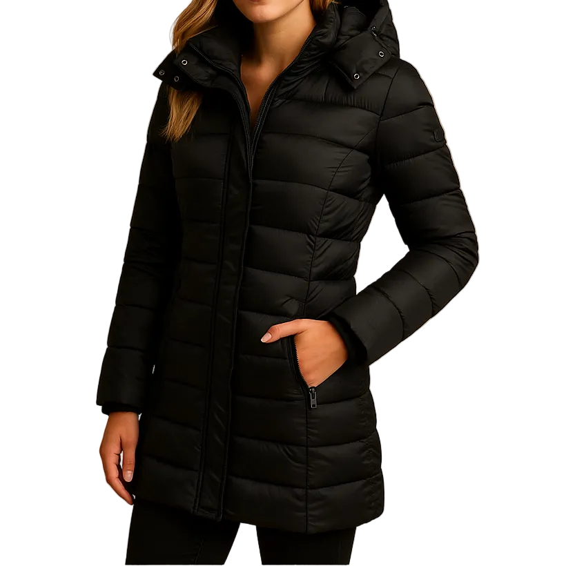 Vespera - Mid-Thigh Hooded Puffer Jacket