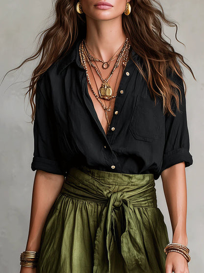 Helen - Button-Detail Tee and Belted Skirt