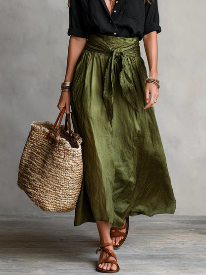 Helen - Button-Detail Tee and Belted Skirt