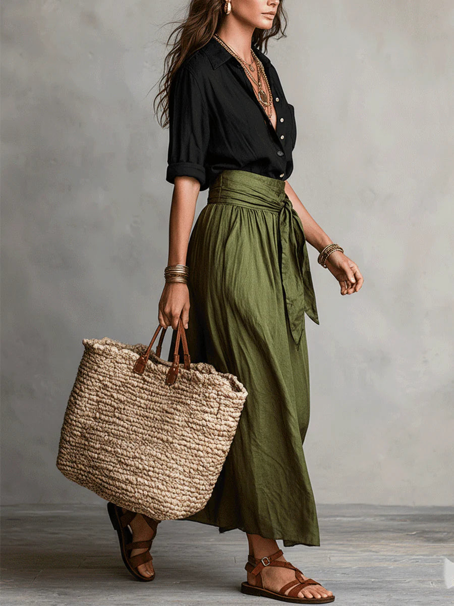 Helen - Button-Detail Tee and Belted Skirt