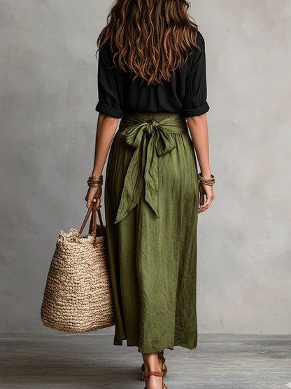 Helen - Button-Detail Tee and Belted Skirt
