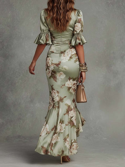 Nola - Floral Satin V-Neck Dress