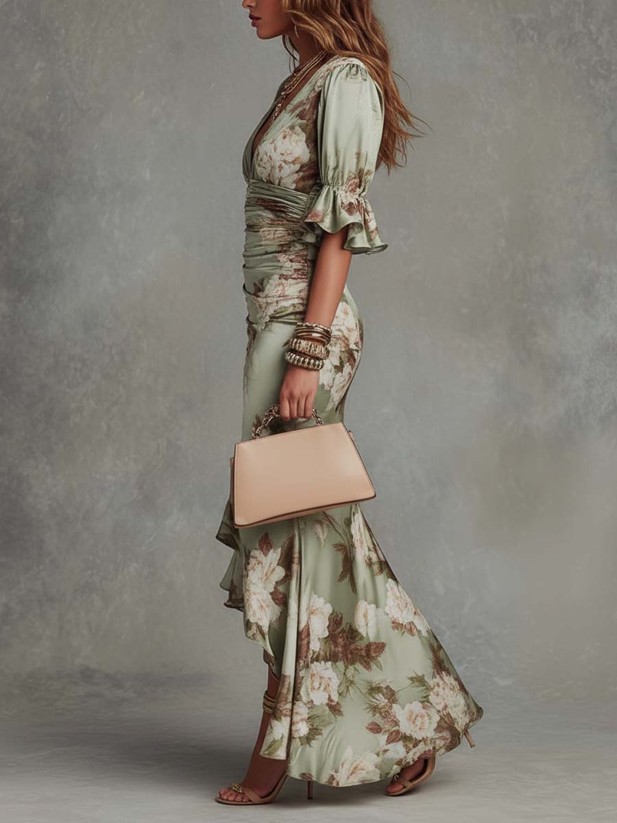 Nola - Floral Satin V-Neck Dress
