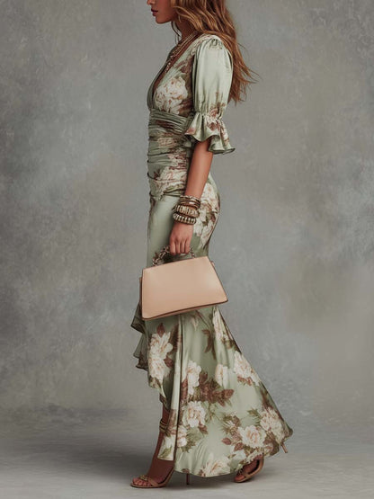 Nola - Floral Satin V-Neck Dress