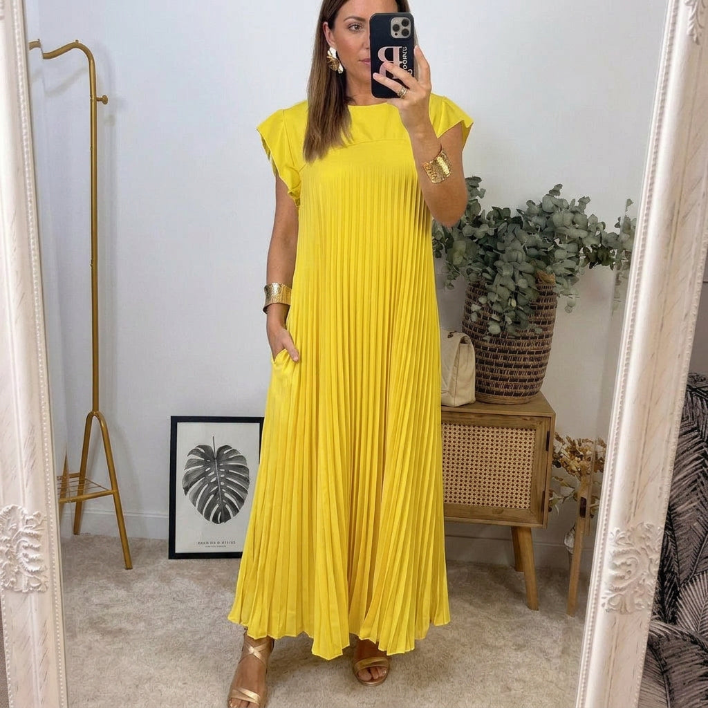 Herminia - Pocketed Pleated Maxi Dress