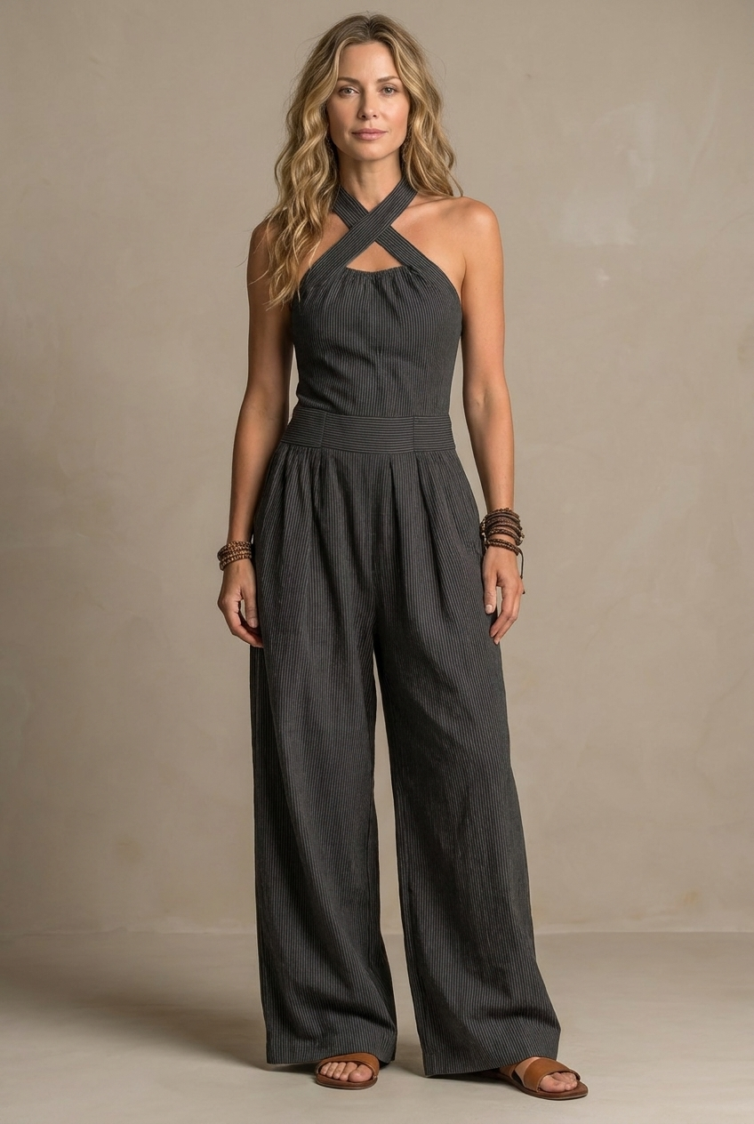 Aline - Crisscross Halter Wide-Leg Jumpsuit
