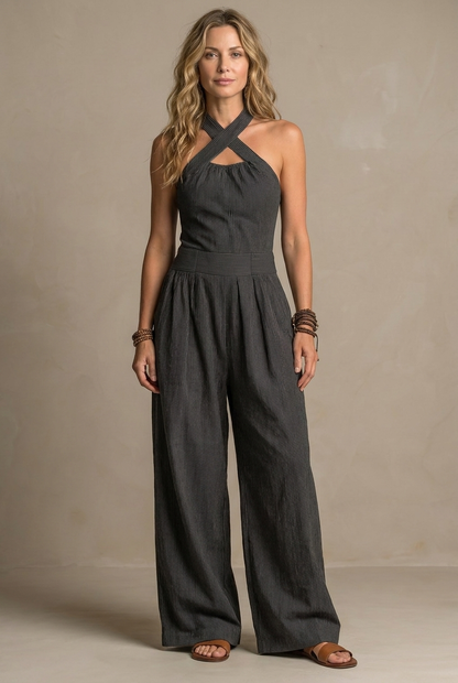 Aline - Crisscross Halter Wide-Leg Jumpsuit