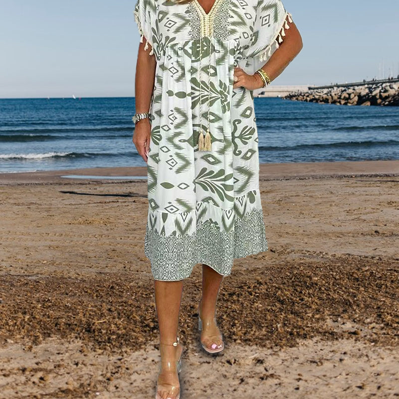 Nerelle - Printed Fringe V-Neck Dress