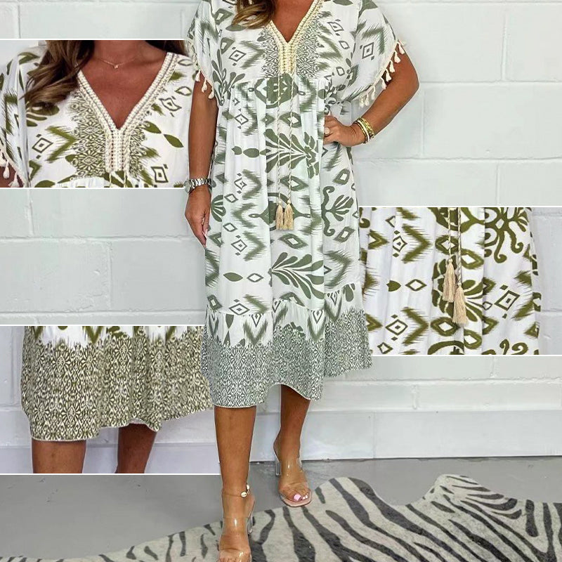 Nerelle - Printed Fringe V-Neck Dress