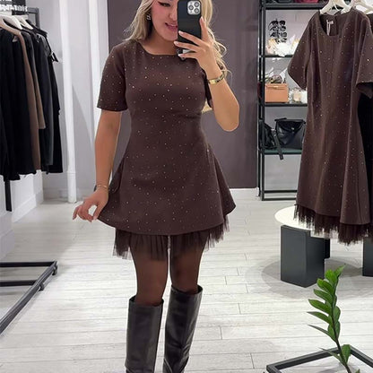 Mable - Rhinestone Lace Mini Dress