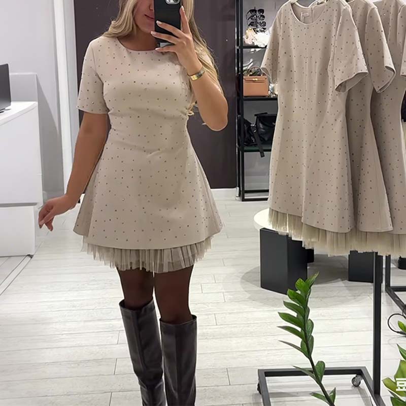Mable - Rhinestone Lace Mini Dress