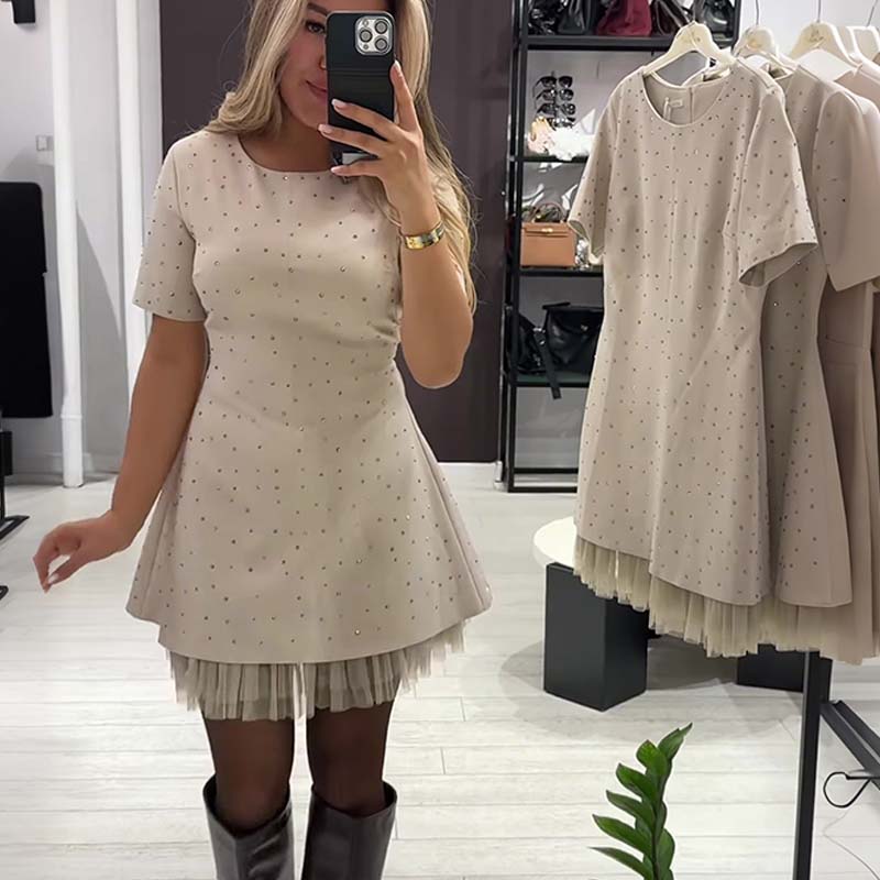 Mable - Rhinestone Lace Mini Dress
