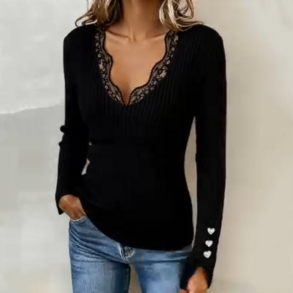 Deana - Long-Sleeve Lace-Trim Ribbed Top