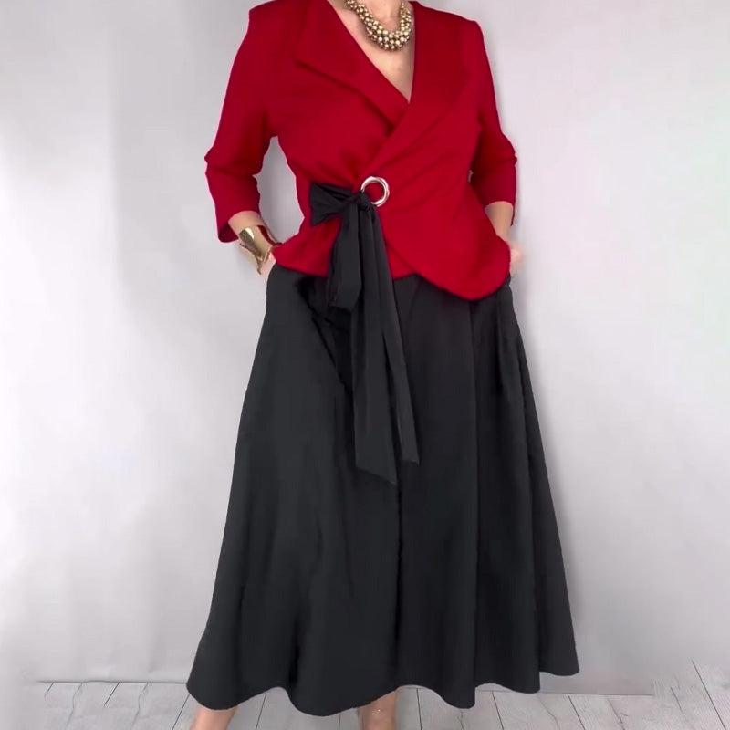 Elaris - Colorblock Wrap Top Skirt Set