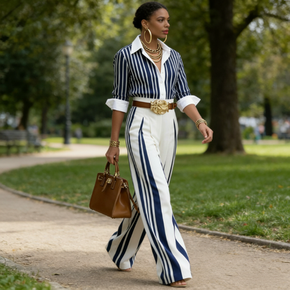 Laverne - Striped Shirt Wide-Leg Set