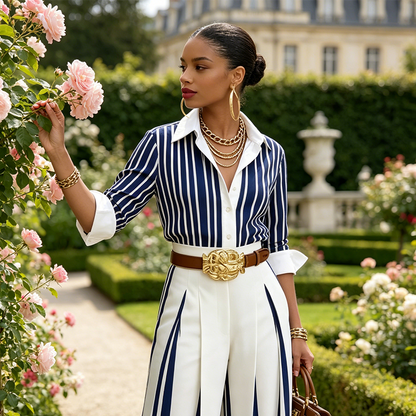 Laverne - Striped Shirt Wide-Leg Set