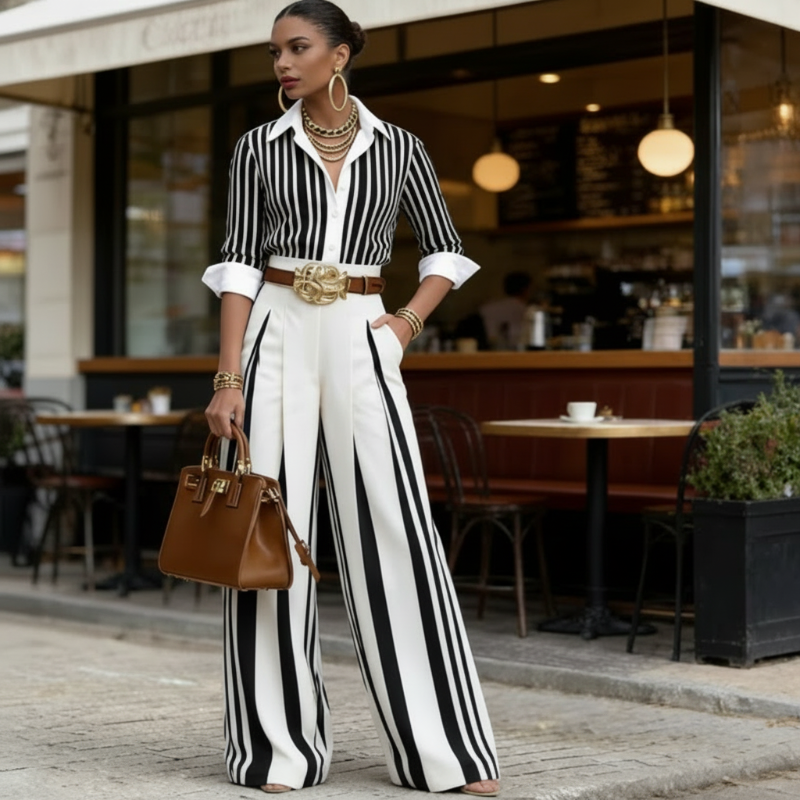 Laverne - Striped Shirt Wide-Leg Set