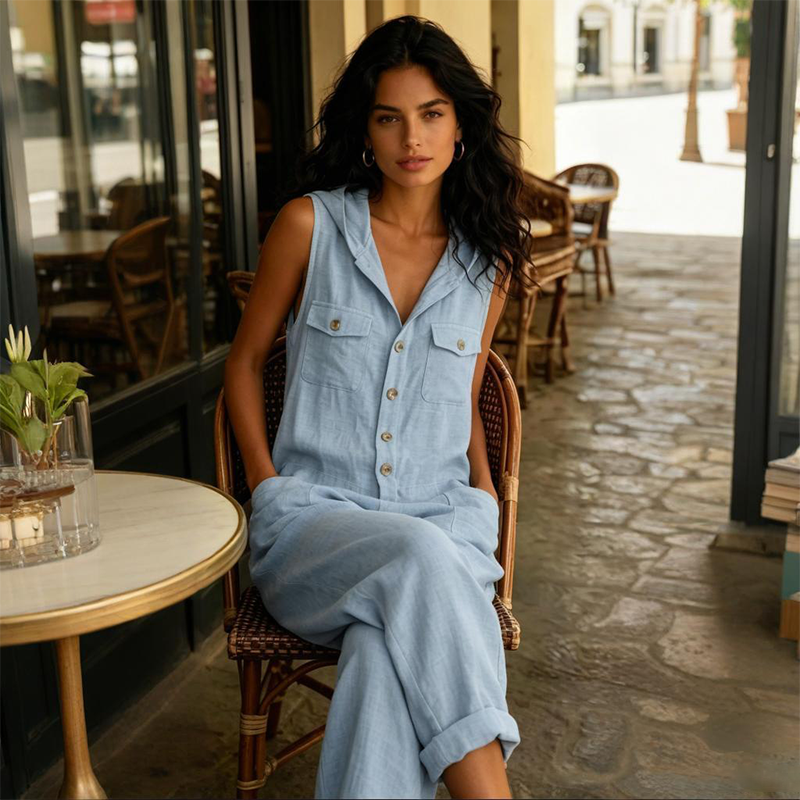 Ava - Linen-Blend Hooded Jumpsuit